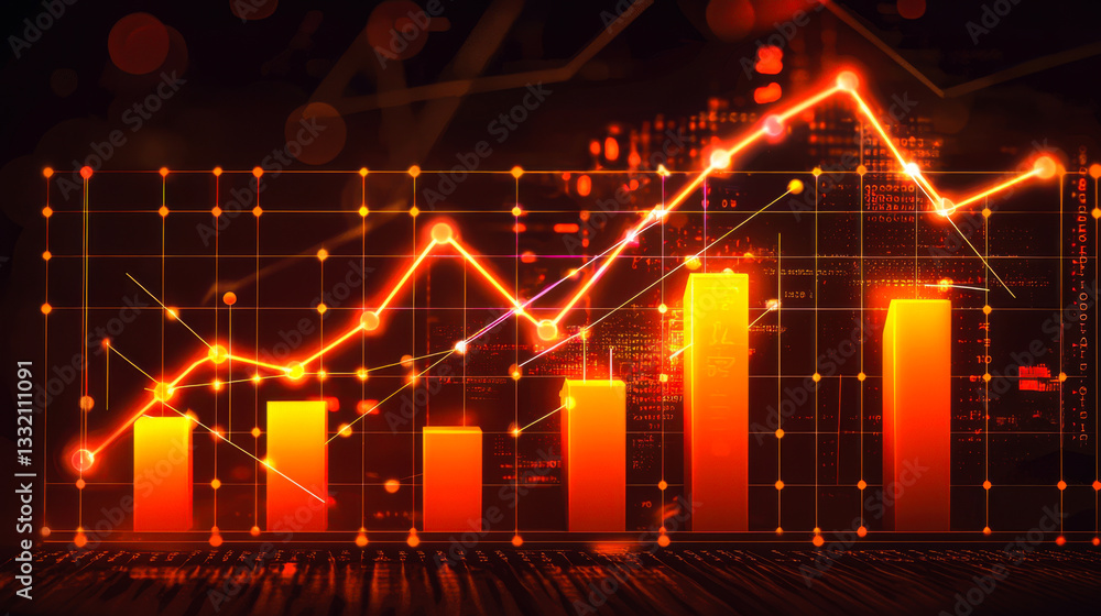 Poster visual representation of data analytics trends with fluctuating graphs and vibrant colors in a digit