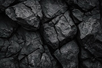 Black white rock texture. Rough mountain surface. Close-up. Dark volumetric stone background with space for design. Crumbled.