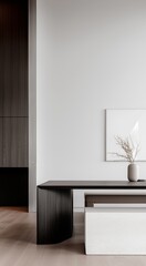 Contemporary minimalist interior featuring sleek wooden furniture, potted plant, and muted color palette in a modern setting.