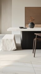 Elegant dining area showcasing minimalist design with a sleek table, stone bench, and black vase adding a modern touch.