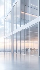 Obraz premium A sleek, glass-walled office building reflecting the soft, warm hues of a sunset sky over an urban landscape.