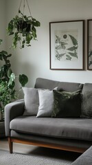 Modern living room featuring a gray sofa, green pillows, hanging plants, and framed botanical art on a white wall.