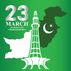 23 march Pakistan resolution day banner  design, poster design, card design, tamplate design with fighter jets, mountains, typography, green background with vector illustration