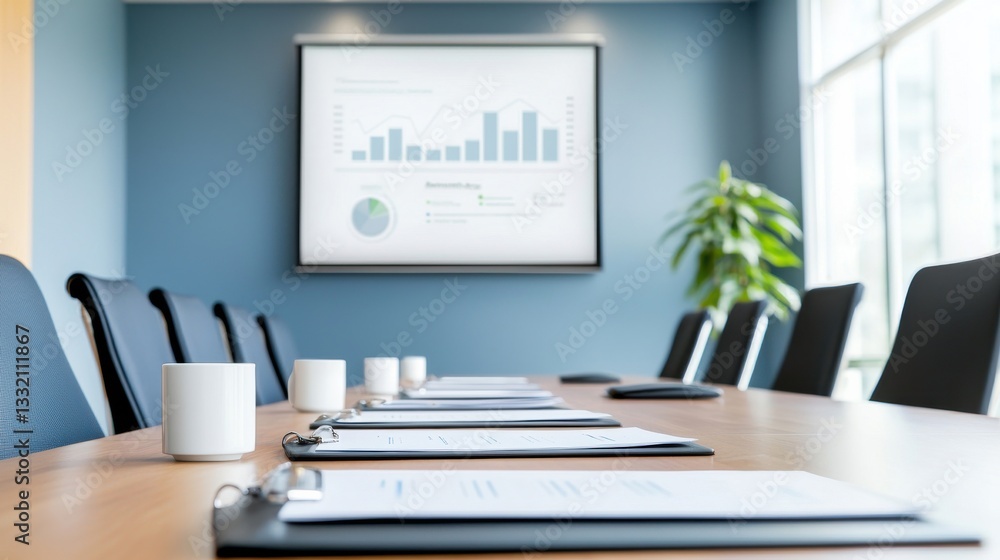 Poster modern conference room with charts and data presentation display