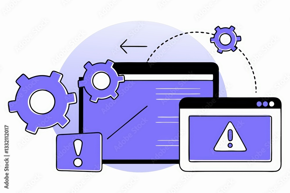 Poster a digital illustration depicting troubleshooting screens with warning signs and gears, symbolizing s