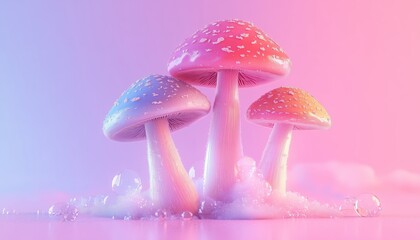 Colorful mushrooms create a dreamy, surreal landscape with pastel colors and intricate, magical...