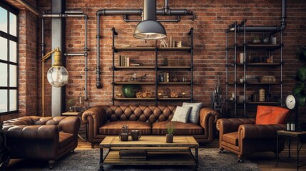 Rugged industrial living room with exposed brick walls, metal piping, and vintage leather furniture