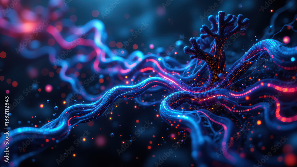 Poster artistic representation of a neural network with vibrant colors against a cosmic background.