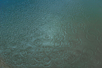 Raindrops creating ripples on a water surface with overlapping circular waves. Textured reflections...