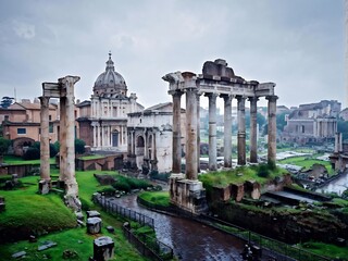 Naklejka premium Roman Forum Ruins Under Cloudy Sky
