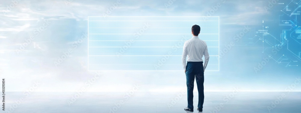 Poster man contemplating future in digital environment with abstract graphics