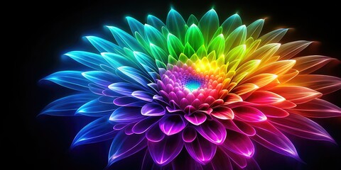 Abstract Glowing Flower, Vibrant Colors, Black Background, Neon Floral Art, Psychedelic Bloom, Digital Painting