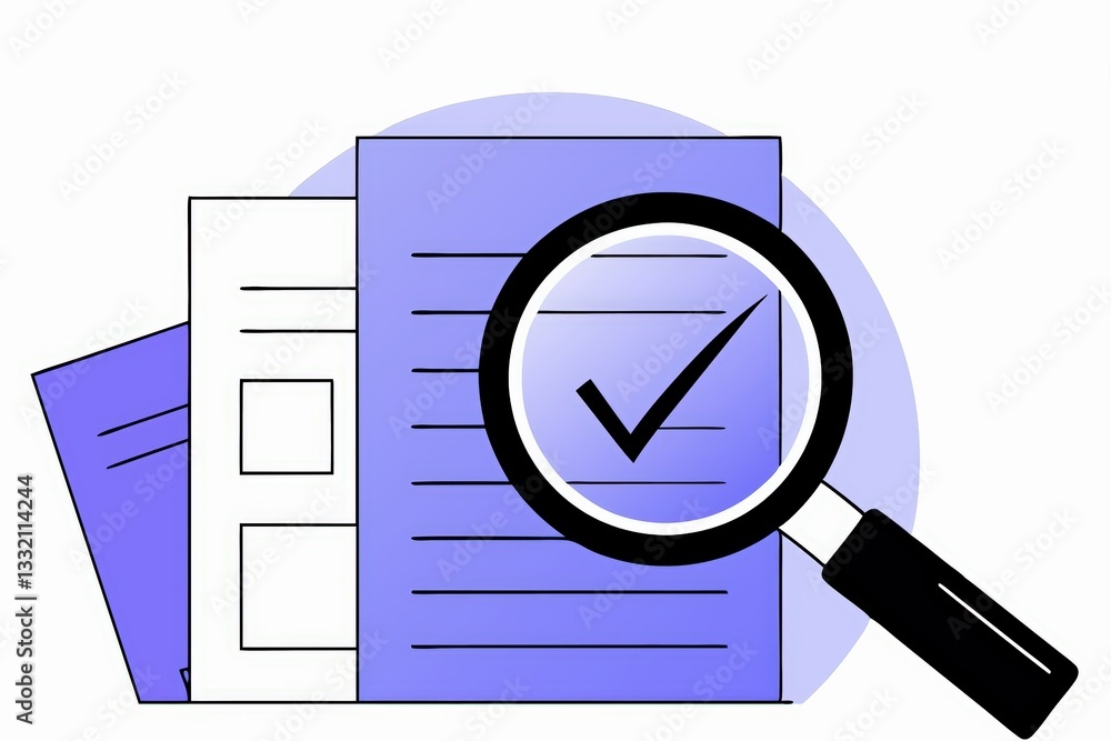 Poster a stylized illustration of documents with a magnifying glass highlighting a checkmark, symbolizing v