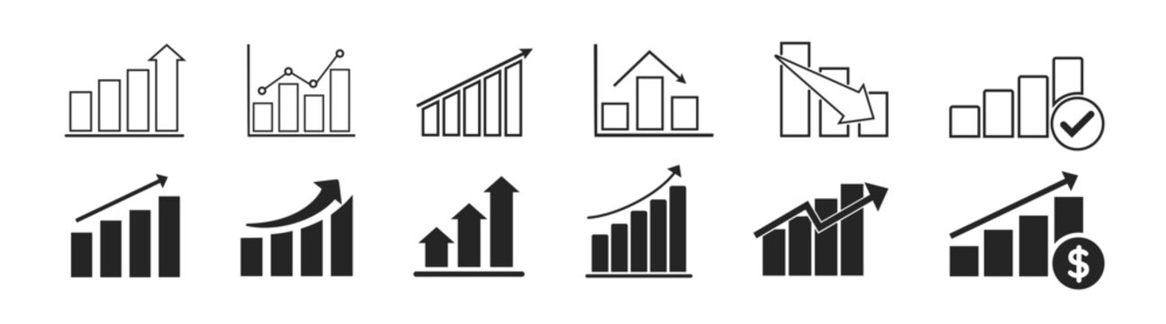 Flat icon of growth graph vector. Economic graphic growth arrow rising. Profit growing symbol, progress bar symbol, growing graph icons.
