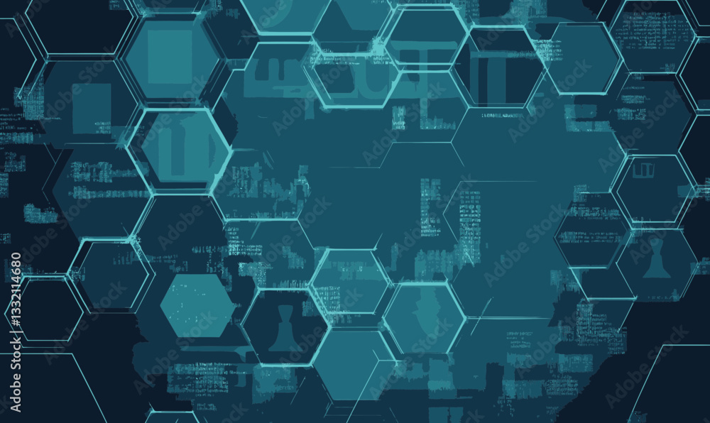 Poster futuristic llm large language model concept with hexagonal interface on blue background