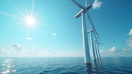 a close-up view of a massive offshore wind turbine with three sleek white blades
