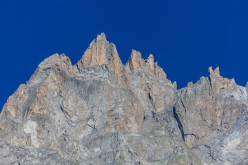 Aiguilles de Chamonix rocky granite mountain peaks in french Alps around Mont Blanc summit in...