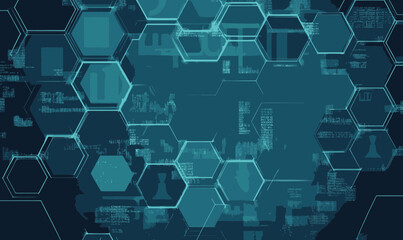 Futuristic LLM Large Language Model Concept with Hexagonal Interface on Blue Background
