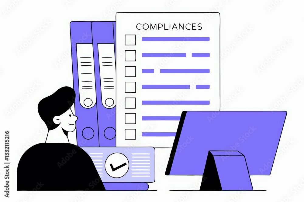 Poster a person is reviewing compliance documents on a computer, surrounded by binders, emphasizing organiz