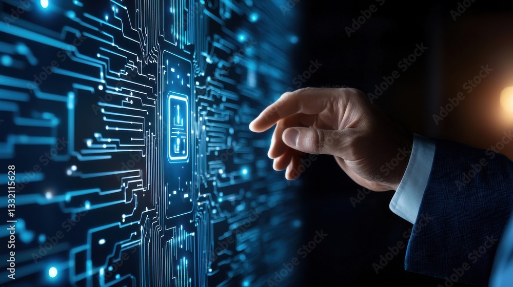 Poster hand pressing digital interface on circuit background with technology