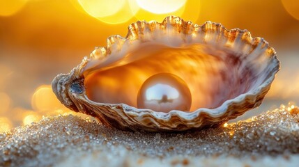 Golden sunset illuminates a pearl nestled in a seashell on sandy beach