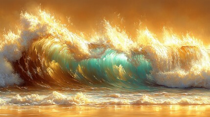 Golden sunset illuminates turquoise ocean waves crashing on a sandy shore
