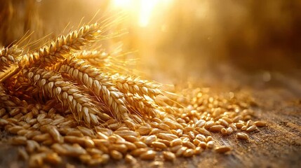 Golden wheat stalks and grains in sunlight