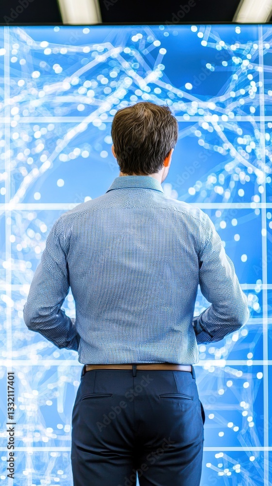 Poster business professional analyzing data on a large screen display