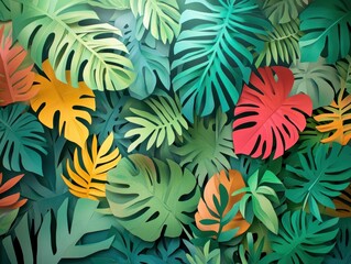 Vibrant Tropical Paper Leaves in Various Shapes and Colors