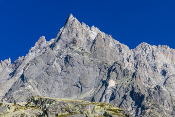Aiguilles de Chamonix rocky granite mountain peaks in french Alps around Mont Blanc summit in...