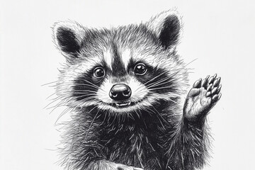 Obraz premium a drawing of a raccoon reaching out its hand to catch a ball of yarn on a string