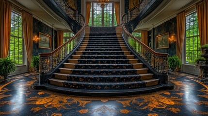 Grand, curved staircase in an opulent mansion, featuring dark wood, intricate railings, and a patterned carpet runner