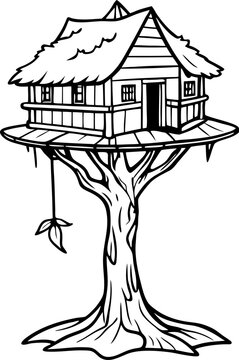 recommend clip art: Treehouse line art simple tree dwelling with ladder and shingled roof