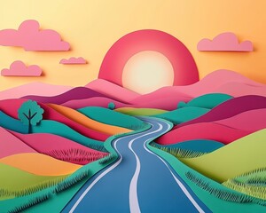 Colorful Paper Landscape with Sunrise and Winding Road in Pastel Tones