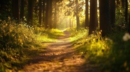 Fototapeta premium Golden sunlight illuminates a tranquil forest path, evoking peace and natural harmony.