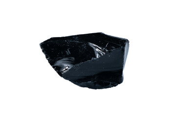 Raw Natural Black Obsidian Volcanic Glass Rock Mineral on White Background