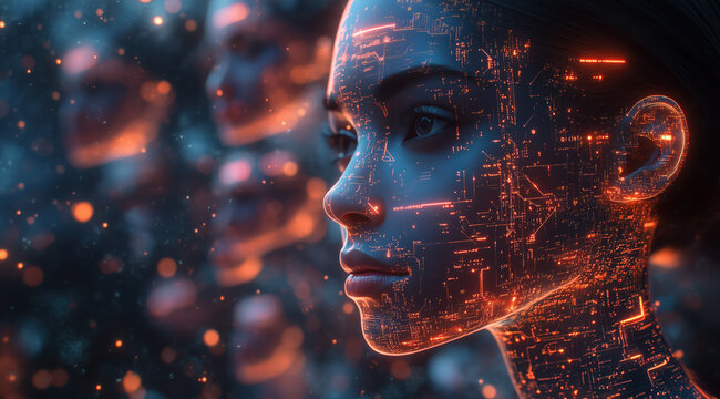 AI Artificial intelligence cyber. Futuristic AI abstract design, intricate circuitry pattern. AI Robot face, virtual human, virtual character, digital clone, machine learning. Realistic photo - Powered by Adobe