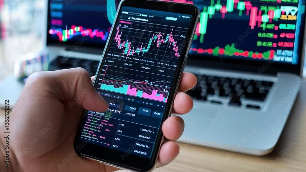 Poster user interacting with a smartphone app for neobanking and financial analysis at a workspace with a l