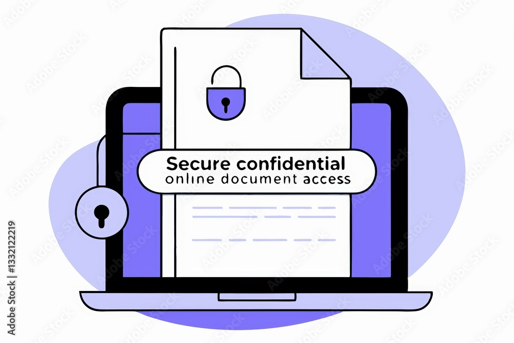 Poster a laptop displaying a secure document with a padlock, emphasizing online confidentiality and access 