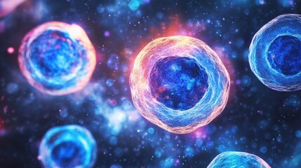 Naklejka premium Colorful Microbial Cells on Dark Abstract Background in Space