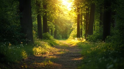 Obraz premium Golden sunlight illuminates a tranquil forest path, evoking peace and natural harmony.