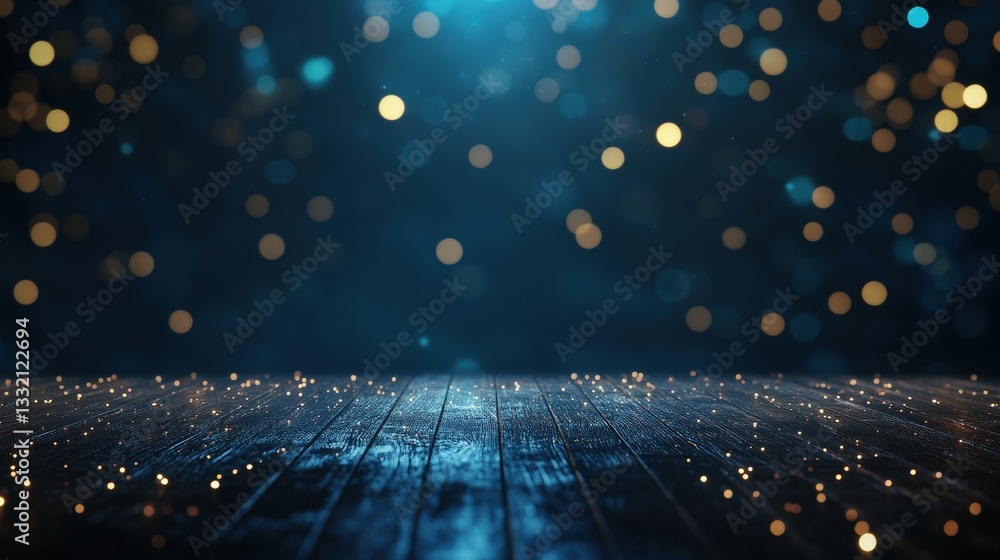 Poster a shimmering surface with scattered bokeh lights, creating a magical, festive atmosphere in a dimly 