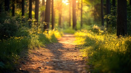 Fototapeta premium Golden sunlight illuminates a tranquil forest path, evoking peace and natural harmony.