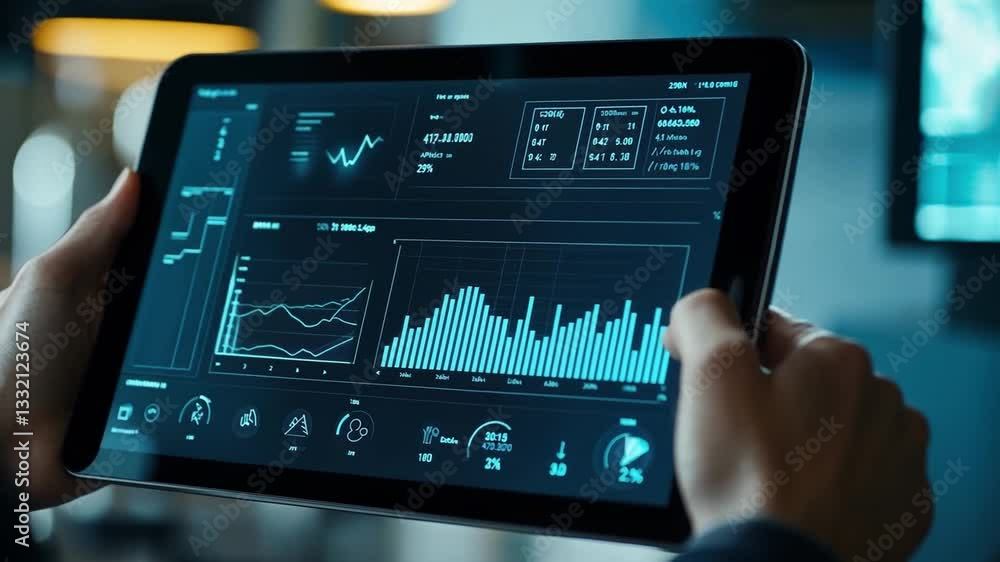 Poster person exploring neobanking applications on a tablet device with financial analytics and interactive