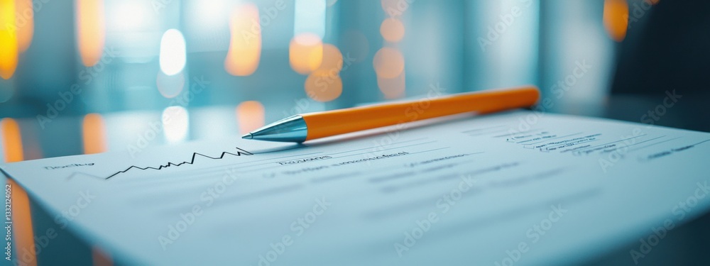 Poster close-up of paper document with pen and business graph in focus