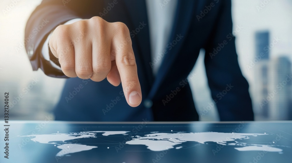 Poster businessman using technology to interact with global map image