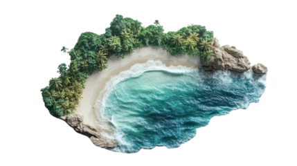 Tropical island with white sand beach, palm trees, and transparent background