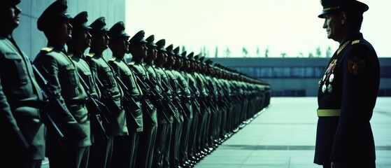 Obraz premium A row of uniformed personnel stands facing an officer, evoking themes of discipline, hierarchy, and respect in a formal military setting.