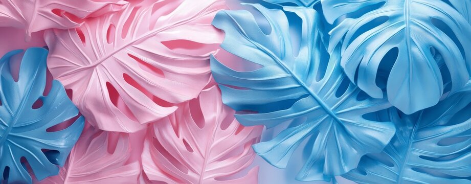 A summer holiday ambiance is evoked by the exotic nature background of pastel pink and blue tropical leaves