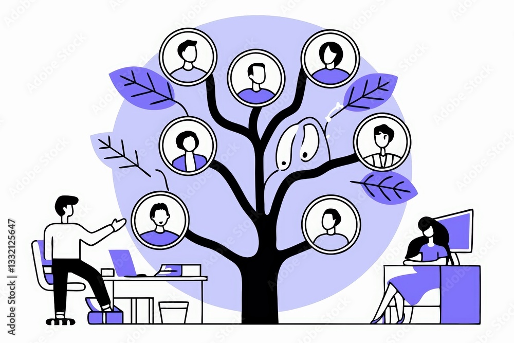 Poster a visual representation of a collaborative workspace featuring people connected by a tree metaphor, 